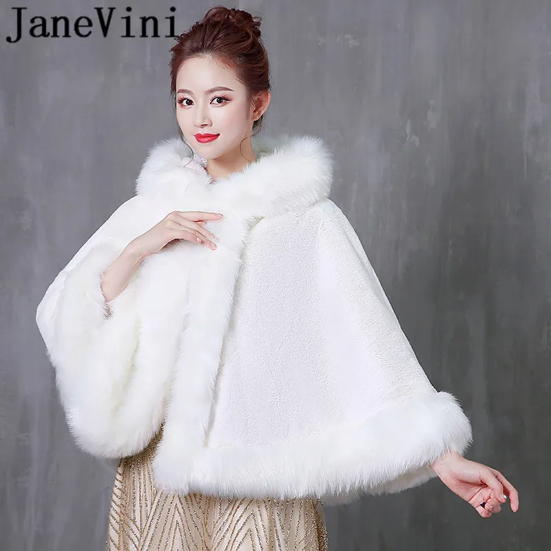 JaneVini, белое свадебное болеро с капюшоном, меховая накидка с шапкой, зимняя теплая Свадебная накидка из искусственного меха, шаль, болеро, Женское пальто, куртка
