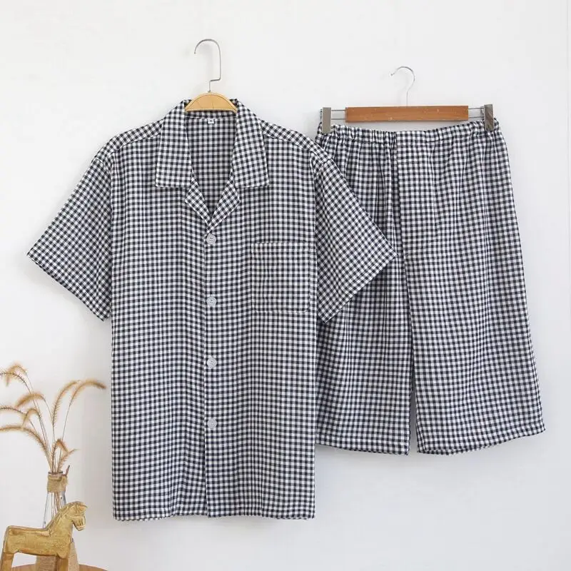 Plus Size Pyjamas Men Pajamas Sets 100% Double Gauze Cotton Short-sleeve Casual Sleepwear Mens Homewear Stripe Pijama Hombre Plus Size Pyjamas Men Pajamas Sets 100% Double Gauze Cotton Short-sleeve Casual Sleepwear Mens Homewear Stripe Pijama Hombre