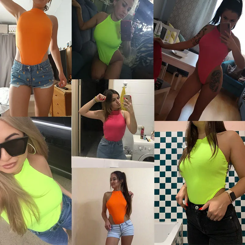 backless bodysuit Ahagaga 2020 Fashion Romper Neon Green Red Orange Sexy Bodysuit Summer Clothes for Women Casual Streetwear Bodycon Jumpsuits corset bodysuit