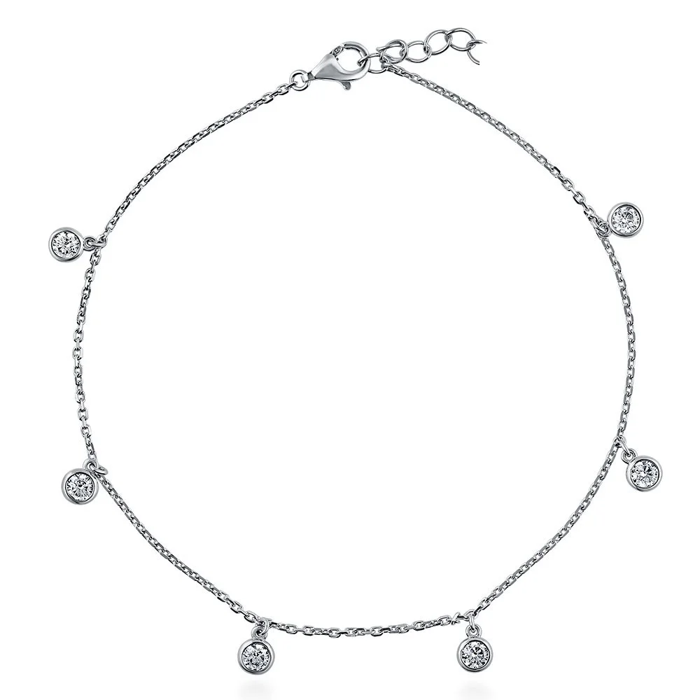 

925 sterling silver 3mm cubic zirconia cz charm drop delicate chain 23+5cm simple bezel cz charm women anklet silver