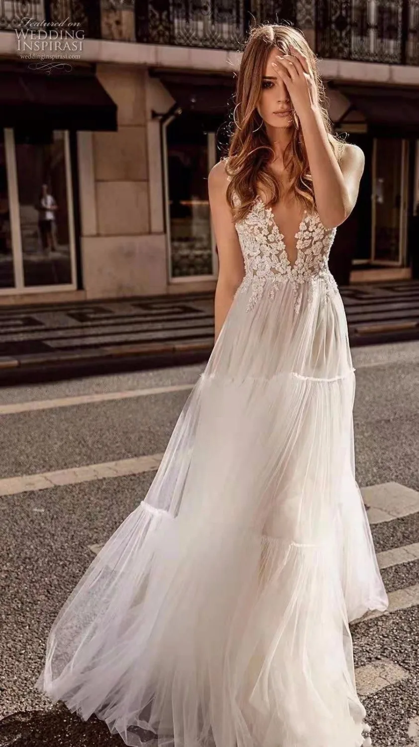 

2019 Newest Beach Boho Wedding Dress Sexy Lace V neck Appliques Backless Vestido de Noiva Tulle Floor-Lenght Bridal G