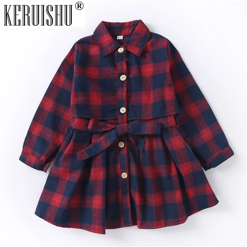 

KeRuiShu Autumn Girls baby Blouse Children Cotton Loose Casual Red Black Plaid Shirts Dress Fashion Full Sleeve Bow Belt Outwear