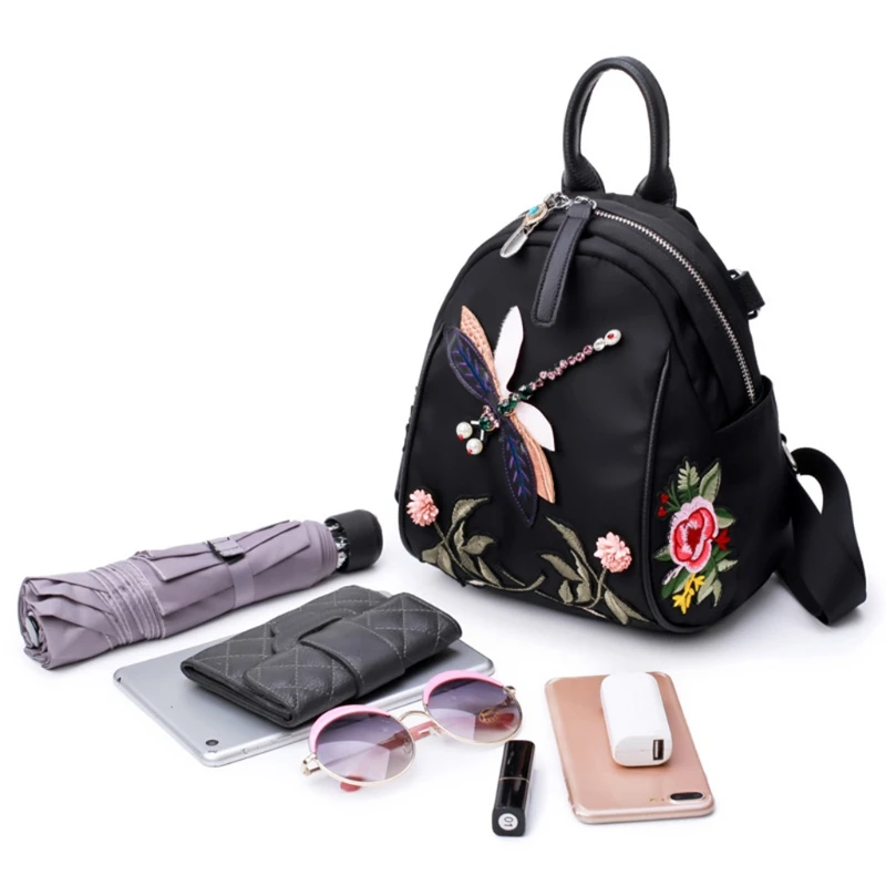 

Women Girls Nylon Flowers Dragonfly Embroidered Backpack Student School Backpack