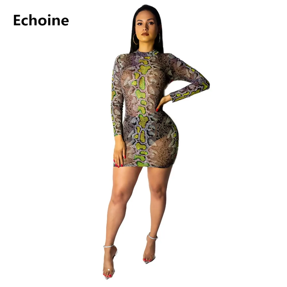 

Snake Skin Print Mini Dress Sheer Mesh Sexy Party Dress Slim Bodycon Clubwear Outfit Long Sleeve Vestidos Elegant Party Dresses