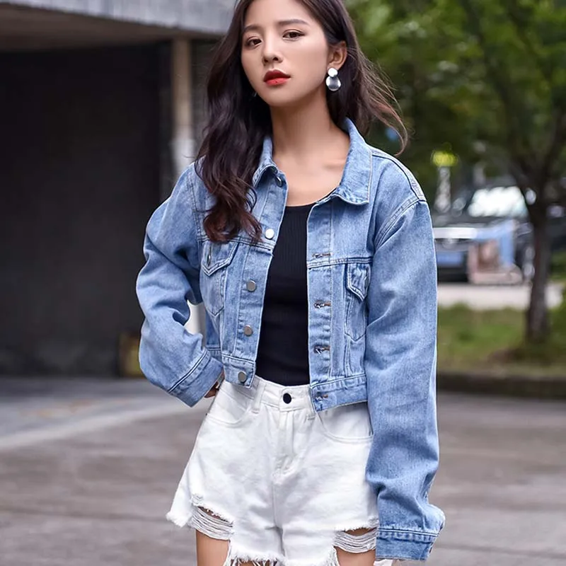 

BF Wind Autumn Women Denim Jacket Female Solid Loose Short Jacket Casual Turn-Down Collar Single-breasted Jeans Coat Women Tops