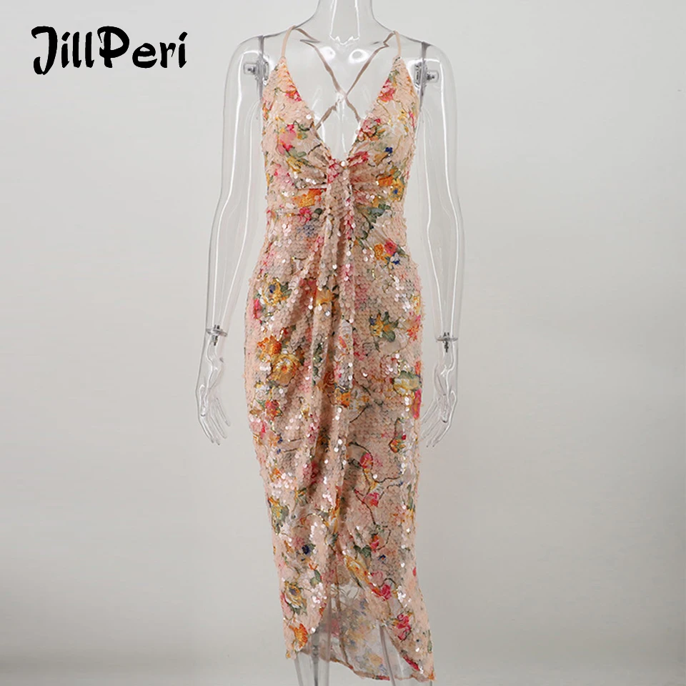 

JillPeri New Women Floral Sequin Midi Dress High Waist Stretch V Neck Outfit Sexy Evening Party Wear Front Cross Dress Vestidos
