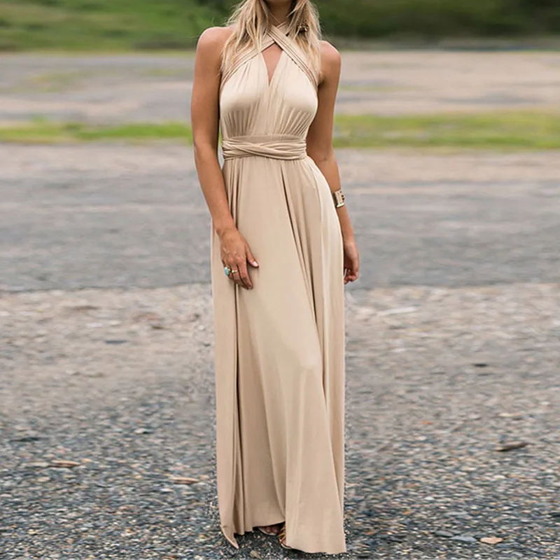 

Summer Women Sexy Long Dresses Solid Color Changeable Crossed Bandage Backless Bridesmaid Formal Dress QL Sale