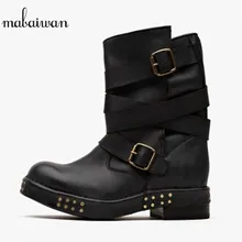 Mabaiwan/Женская обувь с заклепками и заклепками; черные туфли на плоской подошве из натуральной кожи в винтажном стиле; женские ботильоны; ковбойские ботинки в Военном Стиле