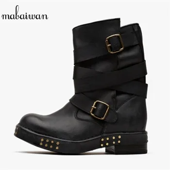 

Mabaiwan Rivets Studded Women Shoes Black Flats Genuine Leather Vintage Straps Shoes Woman Ankle Boots Military Cowboy Boots