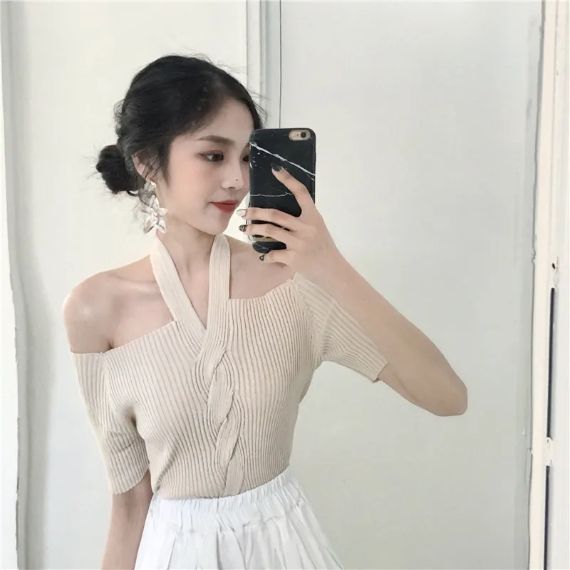 

halter knitted Tees Women's Clothing Tops summer style fashion brand Korea hollow out halter off shoulder slash neck T-Shirts