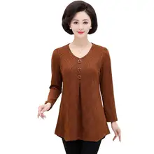 Осенняя женская футболка с длинными рукавами для среднего и среднего возраста, весенне-осенняя трикотажная рубашка для мамы, свободная рубашка на пуговицах