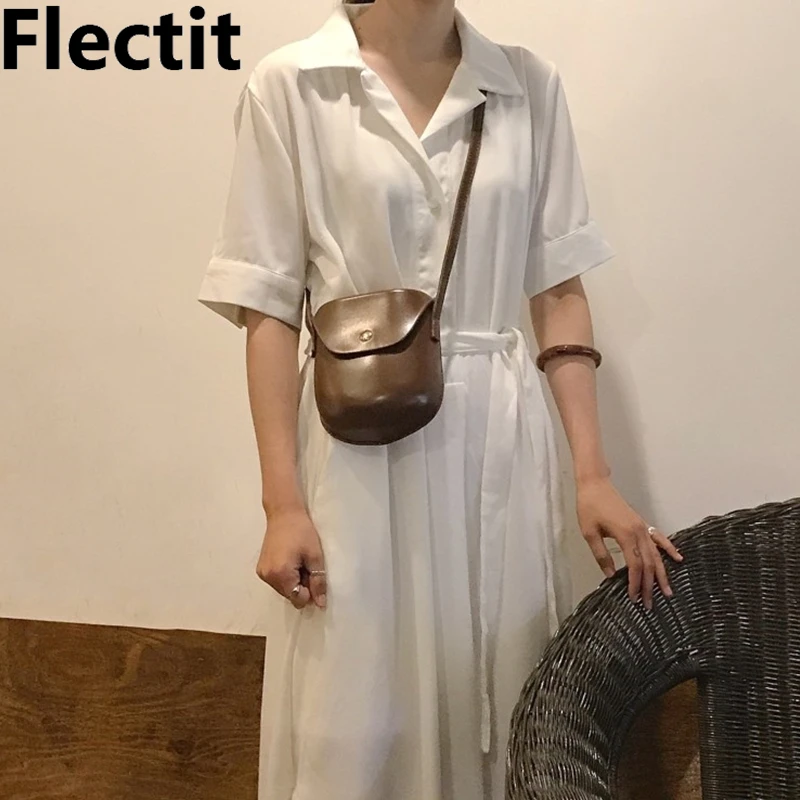Женское летнее длинное платье Flectit белое пляжное с карманом воротником и рукавом