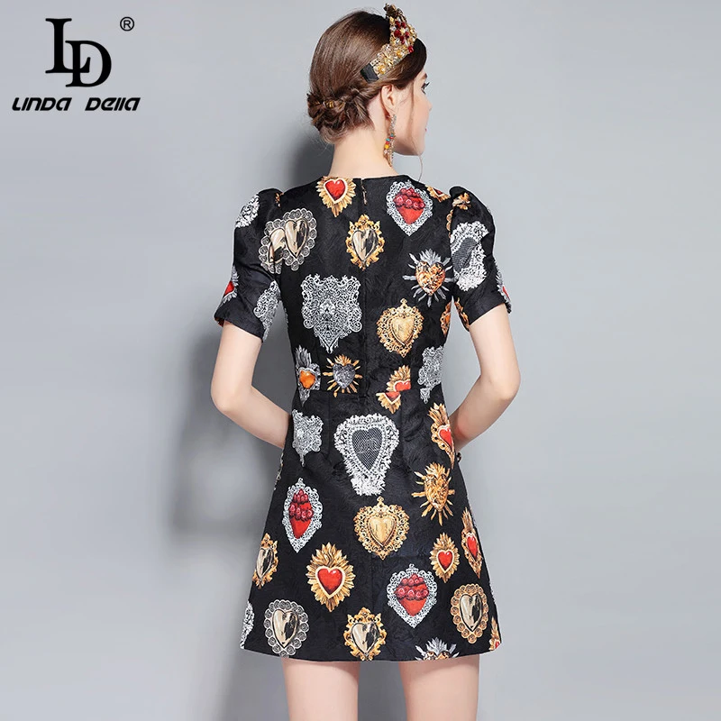 Женское платье с бриллиантом LD LINDA DELLA, летнее короткое черное платье с принтом из бриллиантов и сердечек, мини-платье с коротким рукавом