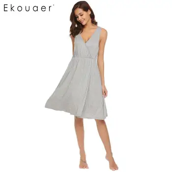 

Ekouaer Women Sexy Night Dress Lingerie Sleepwear Crossing Deep V-neck Solid Pregnant Soft Nightgown Ladies Night Wear