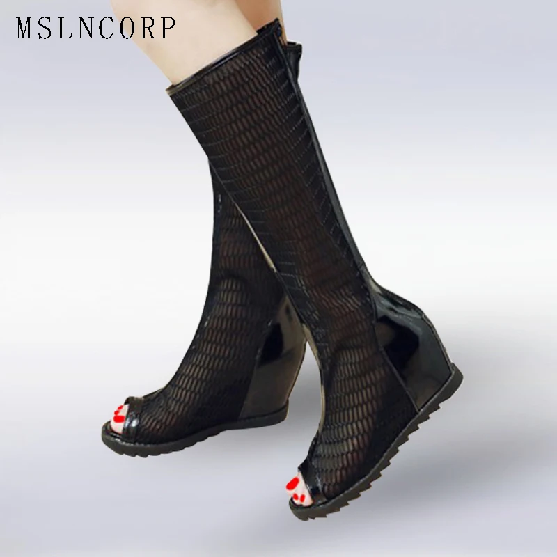 

size 34-43 Summer New Height Increasing Women Sandals Boots Fashion Lace Med Stiletto Breathable Peep Toe Gladiator Ladies Shoes