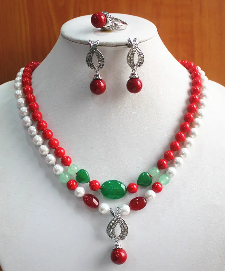 

free shipping>>> Charming&Fashion 8mm 2 Rows Shell Pearl/Jade Necklace Earring Ring Jewelry Set NEW NEW NEW