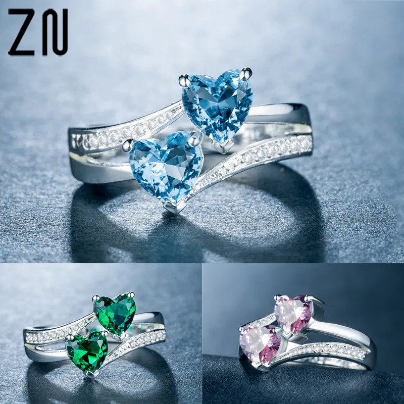 

ZN 2019 Fashion Female Rings Inlaid With Double Heart-Shaped Azure/Pink/Green Zircons Ring For Women Valentine's Day Gifts