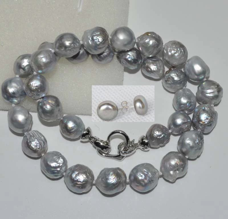 

Baroque furrow gray good luster 11-14 mm kasumi FW pearl necklac earring