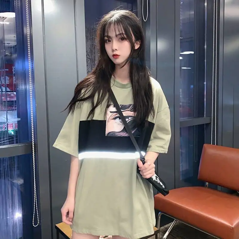 المرأة تي شيرت الصيف يا الرقبة المعتاد Harajuku إلكتروني الإنطلاق قصيرة الأكمام الليزر عاكسة أعلى قاع الأزياء المحملة قميص الفتيات