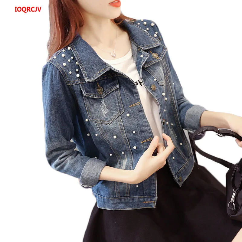 

Large Size Women's Beading Denim Jacket 2019 Spring Autumn Short Slim Jeans Jackets Plus Size 5XL Ladies Basic Overcoat W883