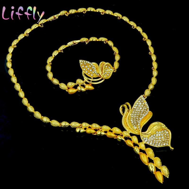 Дубай женский ювелирный набор свадебные ювелирные изделия 24 Бабочка Кристалл Африканский комплект ювелирных изделий ожерелье серьги кольцо браслет