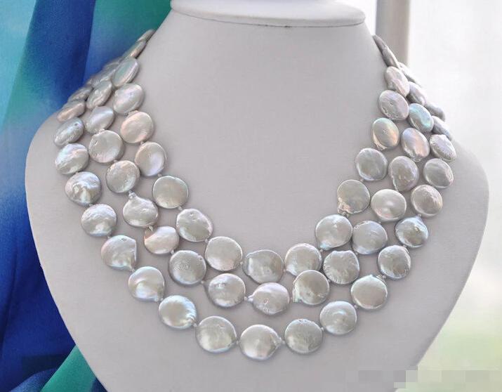 

Free shipping >>>>>Z5570 REAL 3row 19" 14mm gray coin freshwater pearl necklace