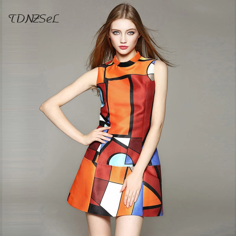 

2019 Summer Casual Sleeveless A Line Dress For Women Elegant Slim Digital Geometric Boho Print Short Mini Dresses Office Lady