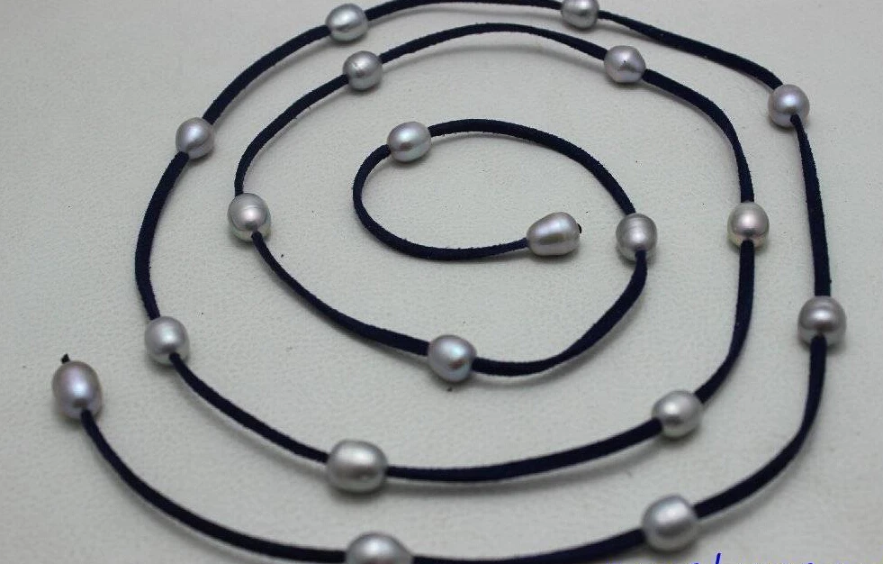 

HOT 003491 19bead Black Leather gray Freshwater Pearl Necklace48"handmade"Beauty no metal