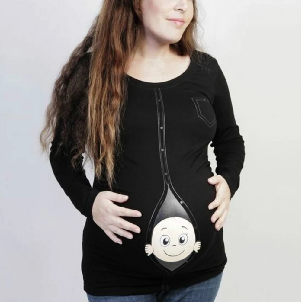Maternity Black T-Shirt Nursing Blouse Clothing Pregnancy Cute Baby Peeking Out Funny Printed Tees Clothes For Pregnant Women