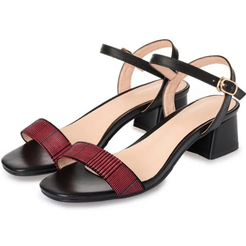 

2019 Newest Open Toe Summer Fashion Sandals Women Shoes Thick Heel Genuine Leather Shoes Women Sandals Red Black Casual Sandals