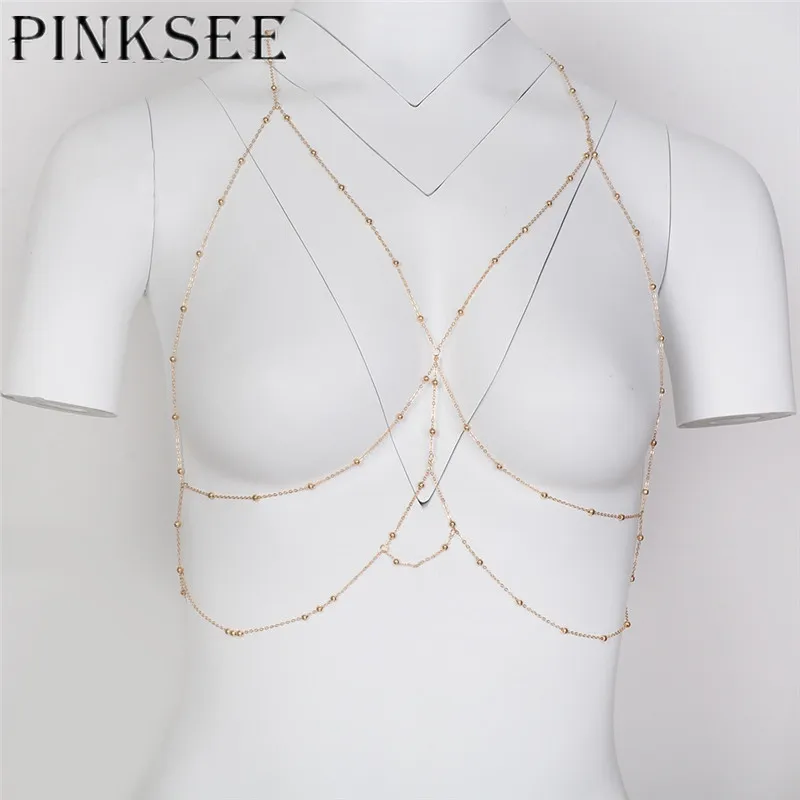 PINKSEE 1 Pc Metal Beads Chest Bra Body Chains Women Sexy Bikini