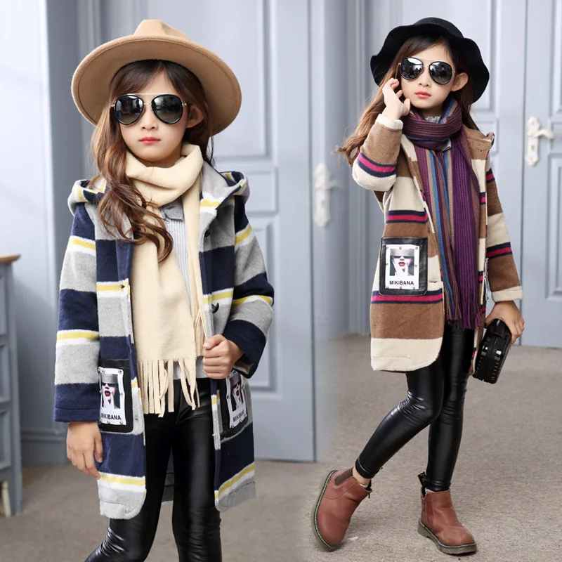 2017 Fashion Woolen Coat Girl Winter Jackets Stripes Letter Kids Long Sleeve Clothing Spring Girl Hoodies