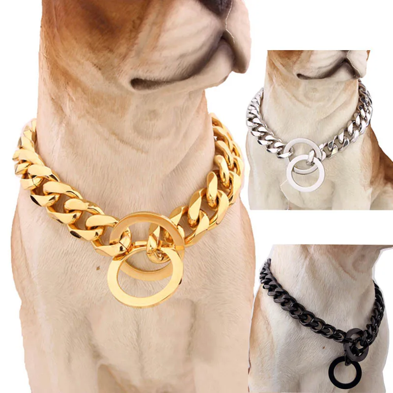 Collare Per Cani Con Catena D'Oro Design Di Lusso In Acciaio Inossidabile 18K 15Mm Accessori Collari Cubani Con Strozzatura Per Impieghi Gravosi Per C