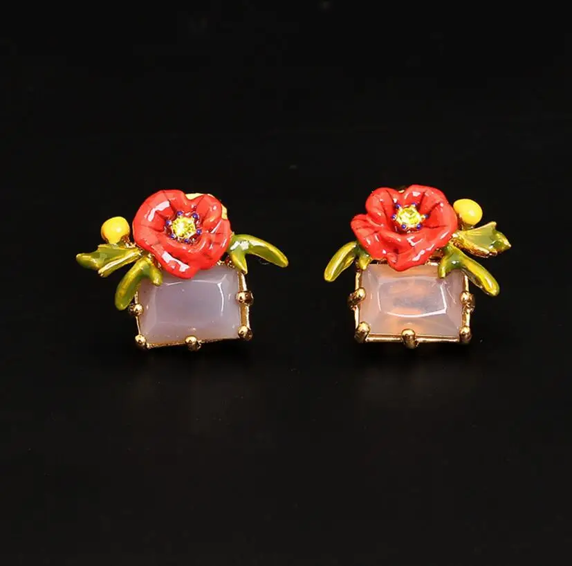 

Luxury fashion jewelry Enamel glaze Red small rose crystal earrings