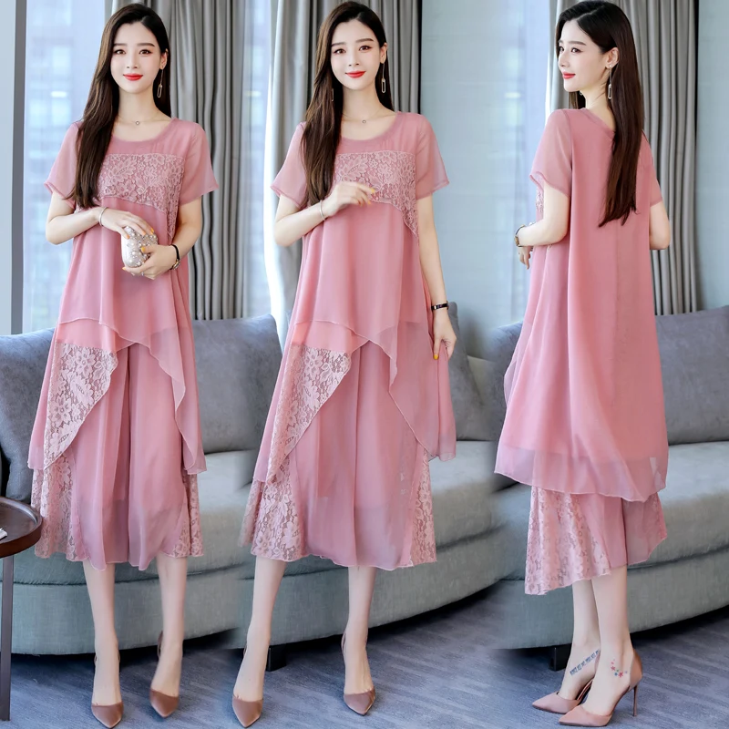 Nieuwe 2019 Zomer Vrouwen Chiffion Suits Sets Elegant Lady Lace Patchwork Blouse Tops Twee Stukken Met Wijde Pijpen Broek Nieuwe 2019 Zomer Vrouwen Chiffion Suits Sets Elegant Lady Lace Patchwork Blouse Tops Twee Stukken Met Wijde Pijpen Broek