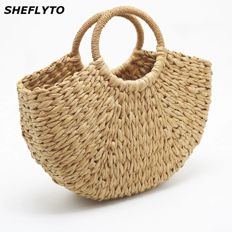 

New 2018 Summer Beach Bags Round Woven Straw Bags Fashion Women Casual Tote Large Capacity Shopping Bags Black Women Handbags