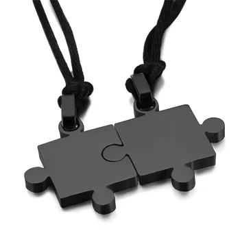 

Trendy Blue Black Color Puzzle Lover Pendant Stainless Steel Necklace For Mens Womens Couples Jewelry 2pcs