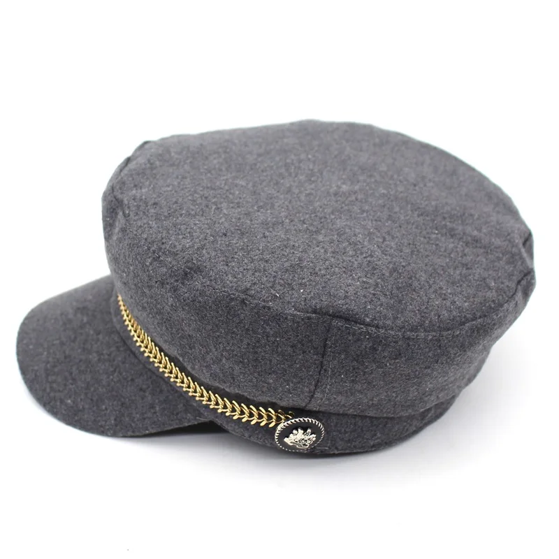 Новые шерстяные военные шляпа Женская плоская кепка s модная кепка с металлической буквой Военная Кепка для дам