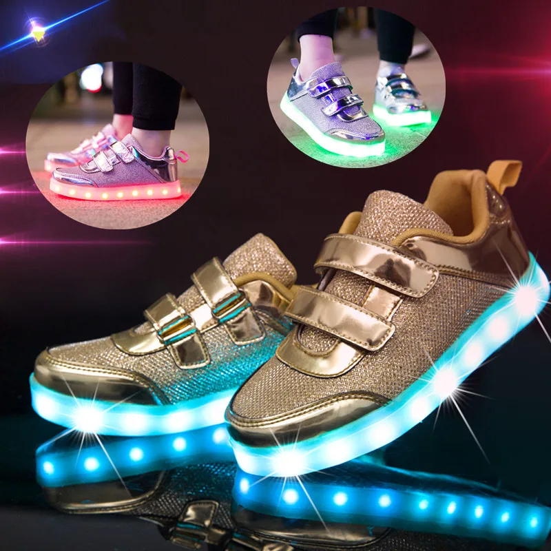 

Fashion Bright Solid USB Led Light Up Kid Shoes Breathable Hook &Loop Children Charging Luminous Sneakers For Girl And Boy 25-37