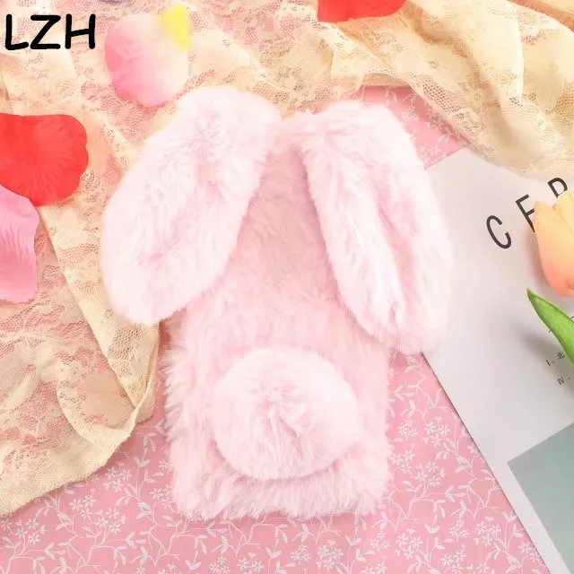 

Warm Cute Rabbit Doll Fluffy Plush Fur Case for Sony Xperia C6 Soft Furry Bunny Diamond Bowknot Cover Shell for Xperia XA Ultra