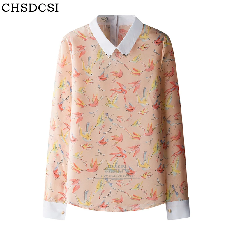 

CHSDCSI Womens Blouses Turn Down Collar Floral Blouse Long Sleeve Shirt Women Blusas Femininas Chiffon Female Tops And Blouses