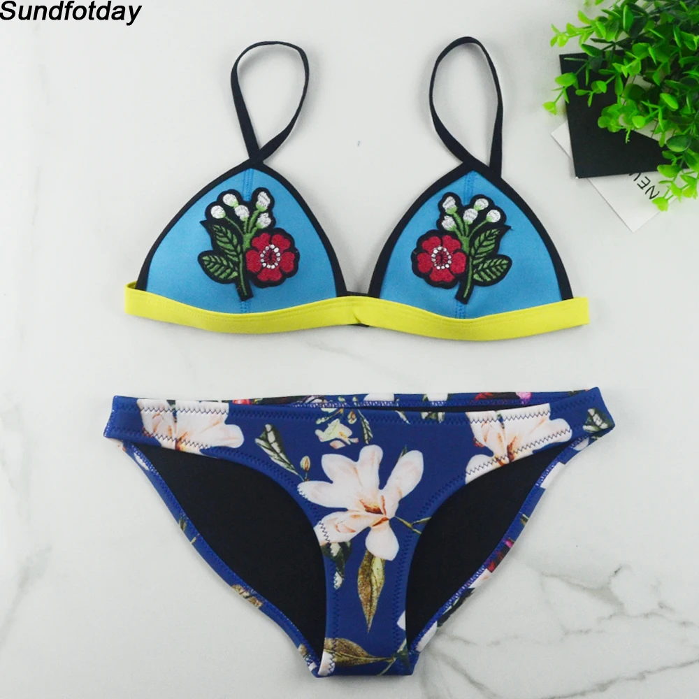 2017 Newest Neoprene Bikini Floral Swimwear Women Push Up Swimsuit Embroidery Bikini Set Sexy