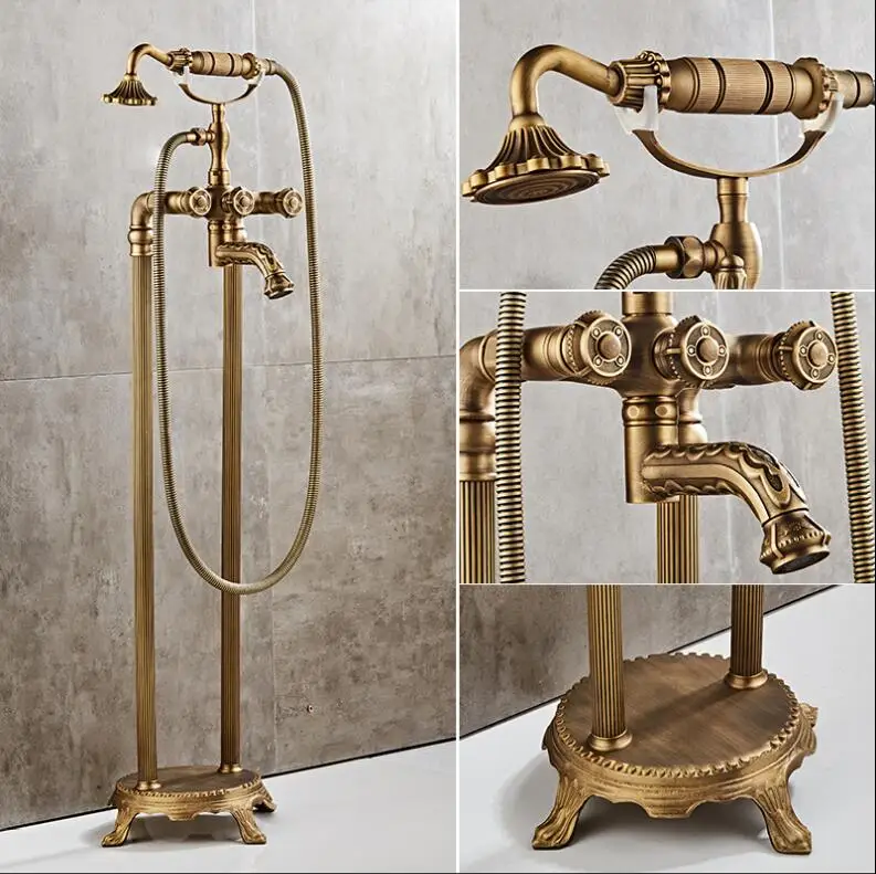 Free standing Carved Bathtub Faucet Tub Filler Fashion Antique Brass