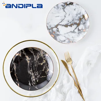 

Nordic Style Ceramic Marble Gold Line Texture Round Tray Steak Plate Birthday Party Cake Dessert Fruit Salad Dish Home Tableware