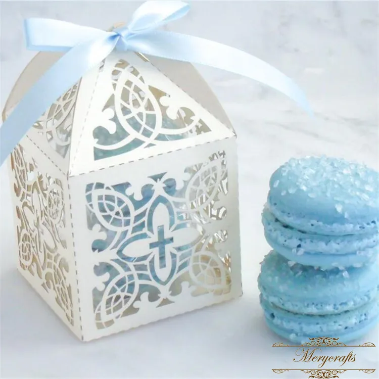 

Personalized Cross laser cut baptism first communion decoration Favor Box With Free Organza Ribbon