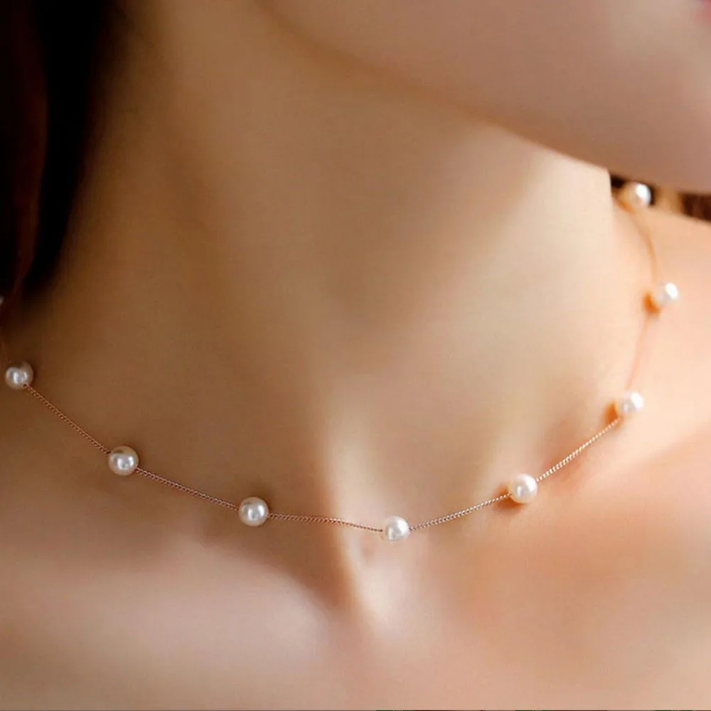 

SYNOKE Silver Necklace Simple Chain Floating Pearl Necklace Charm Wedding Event Choker Necklace Fine Jewelry