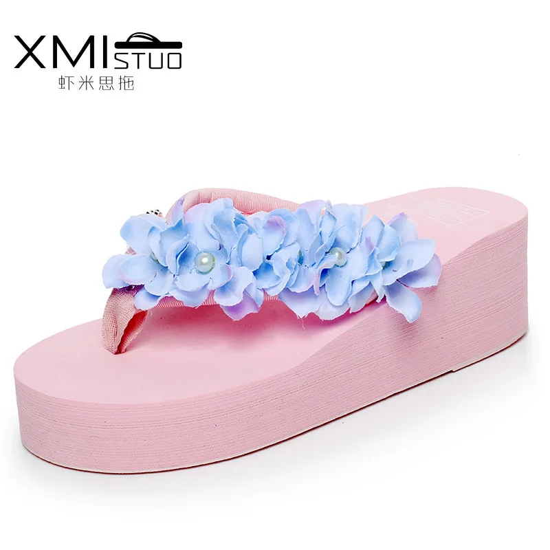 

2018 Summer Fashion Women Platform Beach Flower Pearl Thick High Heel Flip Flops Casual Plus Size Wedge Slippers Mules Slides