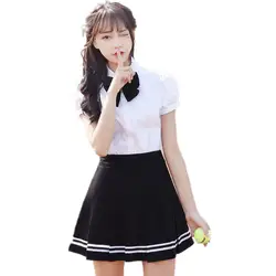 Японская школа униформы для женщин летние шорты Seeve белая рубашка + черная юбка лук Корейский Студенческая форма Одежда для обувь девочек