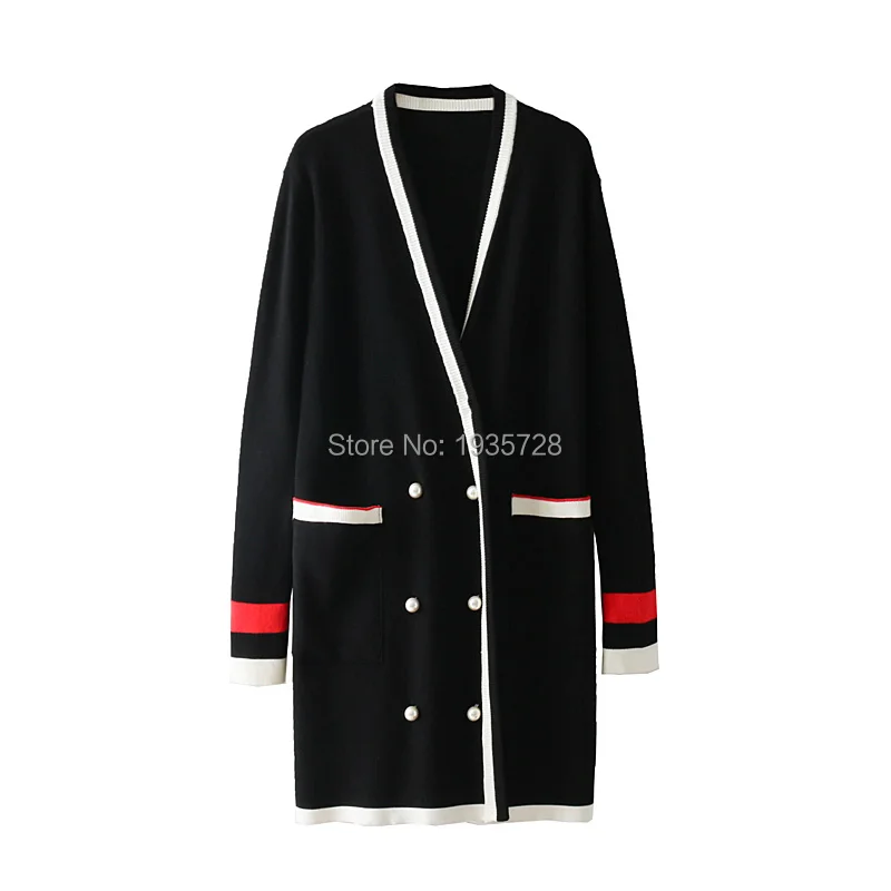 Printemps Garniture Col Veste Manches Tops Avant 2018 Breasted Tricot Longues V À Perle noir Double Tricoté Up Long Beige Contrastante Boutons Femme dX6qY