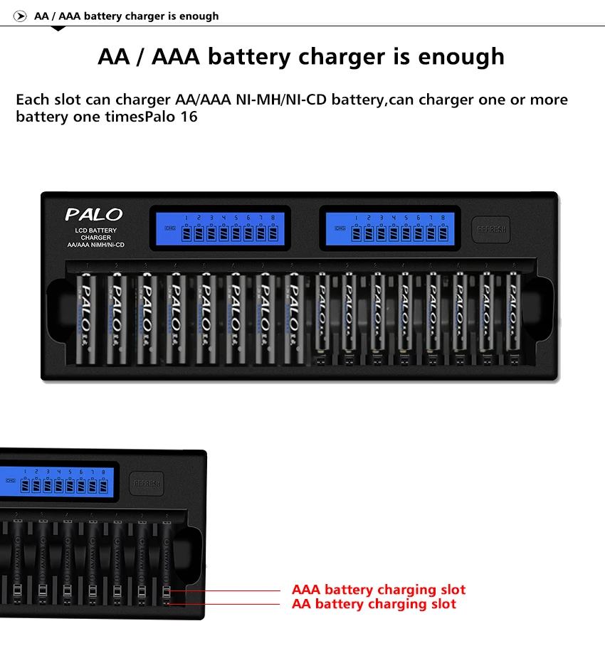 Palo 16 слотов умный 2-LCD дисплей AA/AAA зарядное устройство для Ni-MH NI-CD аккумуляторные батареи с автомобильным зарядным устройством